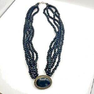 Vintage Multi Strand Black Beaded Onyx Pendant Necklace Hook And Eye Clasp 29"